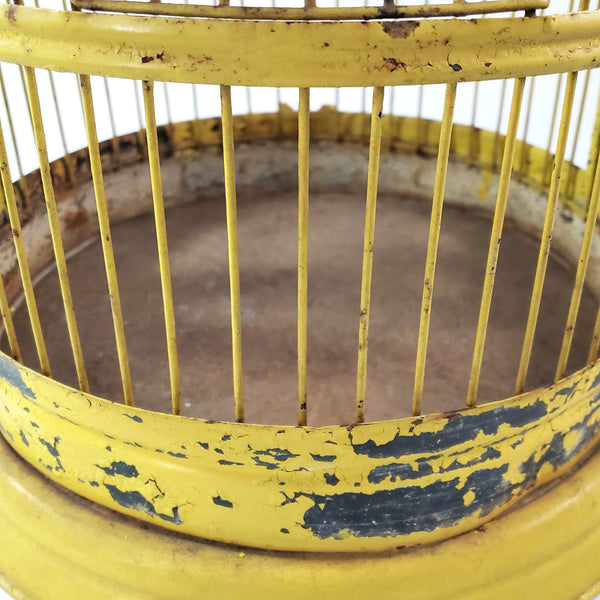 Antique Victorian Metal Wire Bird Cage Old Yellow Paint 17" Home Décor