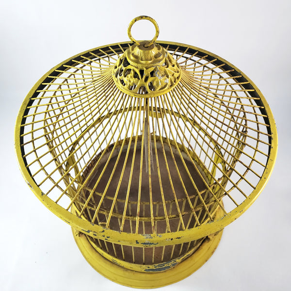 Antique Victorian Metal Wire Bird Cage Old Yellow Paint 17" Home Décor