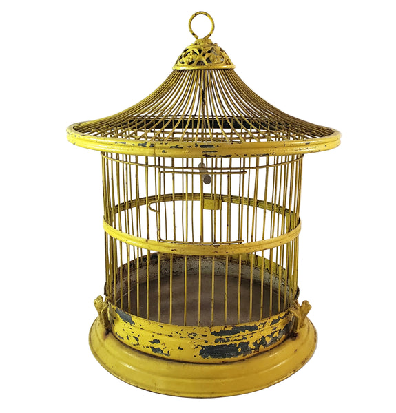 Antique Victorian Metal Wire Bird Cage Old Yellow Paint 17" Home Décor