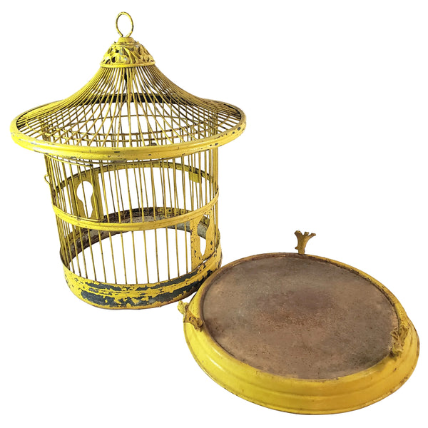 Antique Victorian Metal Wire Bird Cage Old Yellow Paint 17" Home Décor