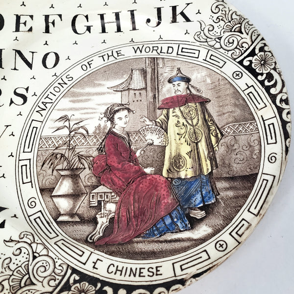 19th century ABC Brown Transferware  8" Plate Polychrome Nations of the World Chinese