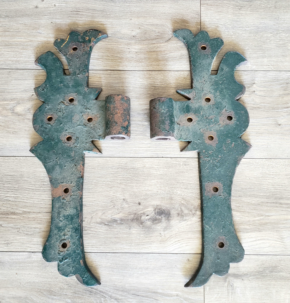Antique Large Rustic Green Cast Iron Hinges Architectural Salvage