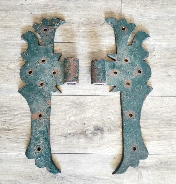 Antique Large Rustic Green Cast Iron Hinges Architectural Salvage