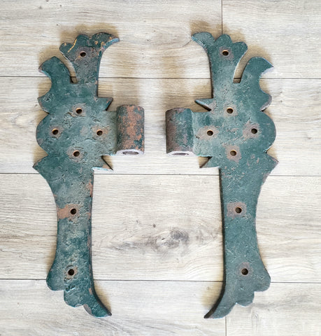 Antique Large Rustic Green Cast Iron Hinges Architectural Salvage