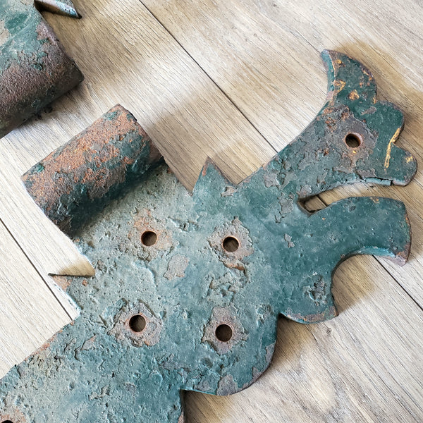 Antique Large Rustic Green Cast Iron Hinges Architectural Salvage