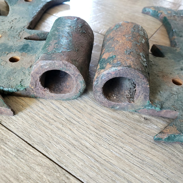 Antique Large Rustic Green Cast Iron Hinges Architectural Salvage
