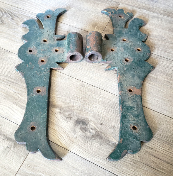Antique Large Rustic Green Cast Iron Hinges Architectural Salvage