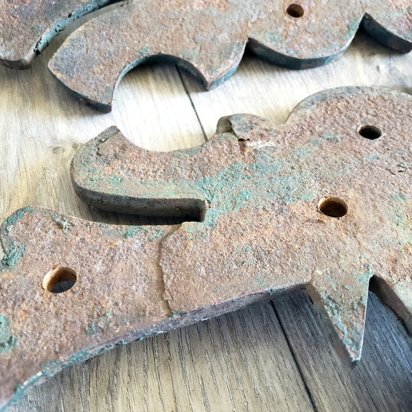 Antique Large Rustic Green Cast Iron Hinges Architectural Salvage