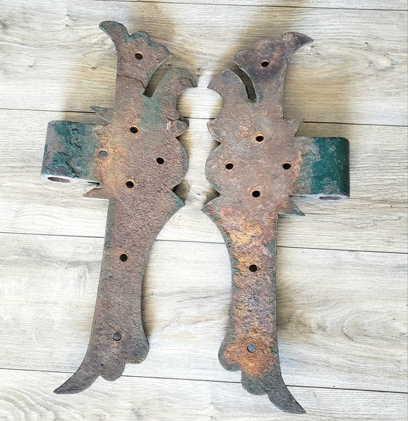 Antique Large Rustic Green Cast Iron Hinges Architectural Salvage