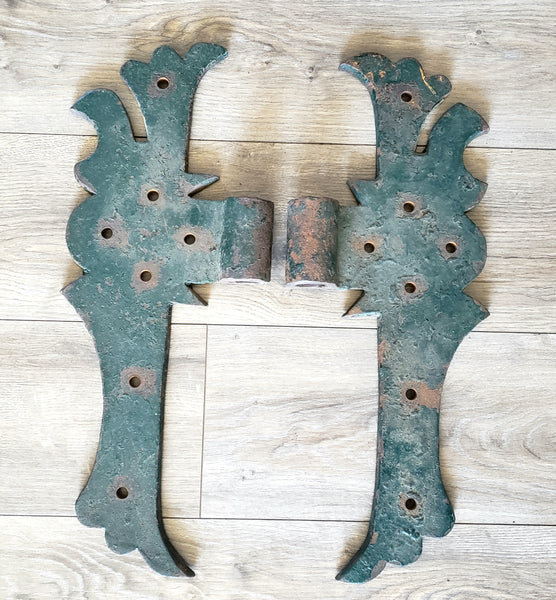 Antique Large Rustic Green Cast Iron Hinges Architectural Salvage