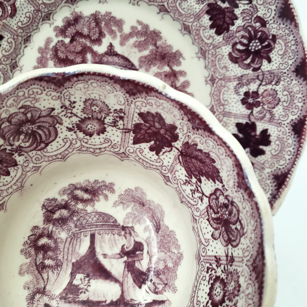 Antique Purple Transferware Handleless Cup & Saucer "The Pet" by Adams England
