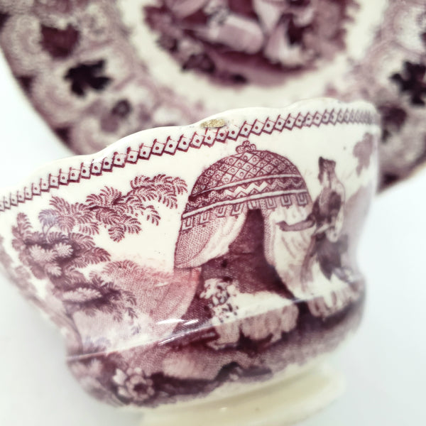 Antique Purple Transferware Handleless Cup & Saucer "The Pet" by Adams England