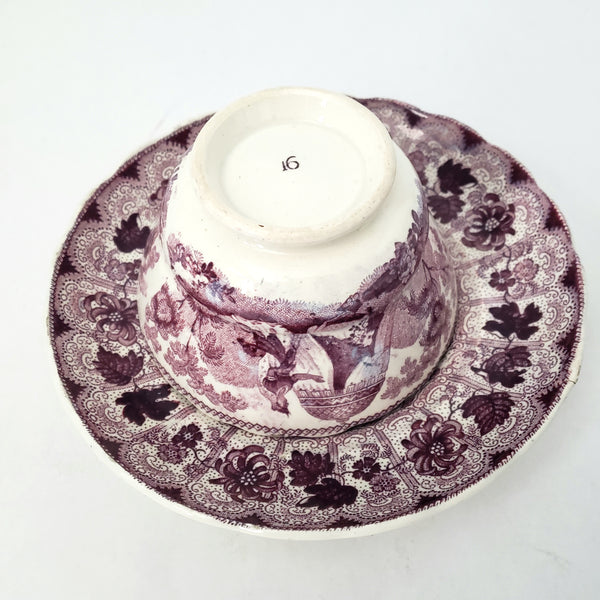 Antique Purple Transferware Handleless Cup & Saucer "The Pet" by Adams England