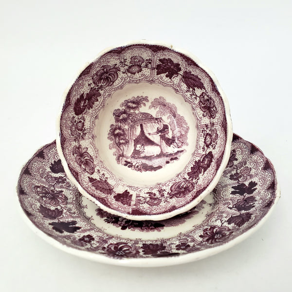 Antique Purple Transferware Handleless Cup & Saucer "The Pet" by Adams England