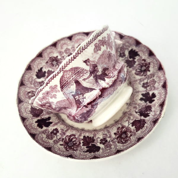 Antique Purple Transferware Handleless Cup & Saucer "The Pet" by Adams England