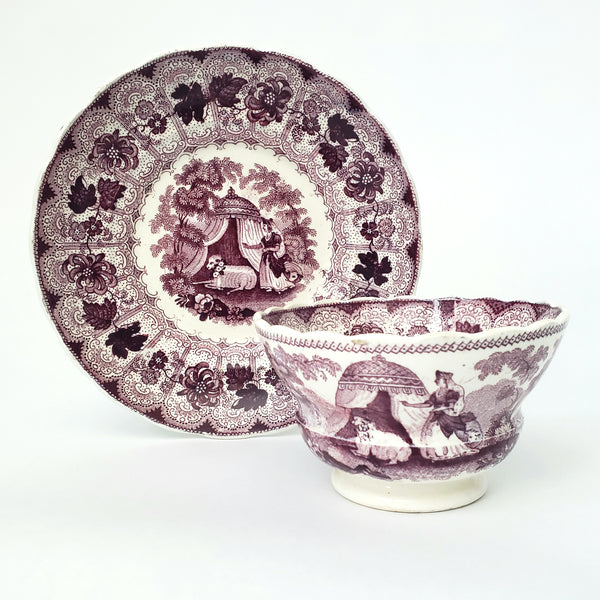 Antique Purple Transferware Handleless Cup & Saucer "The Pet" by Adams England
