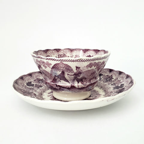 Antique Purple Transferware Handleless Cup & Saucer "The Pet" by Adams England