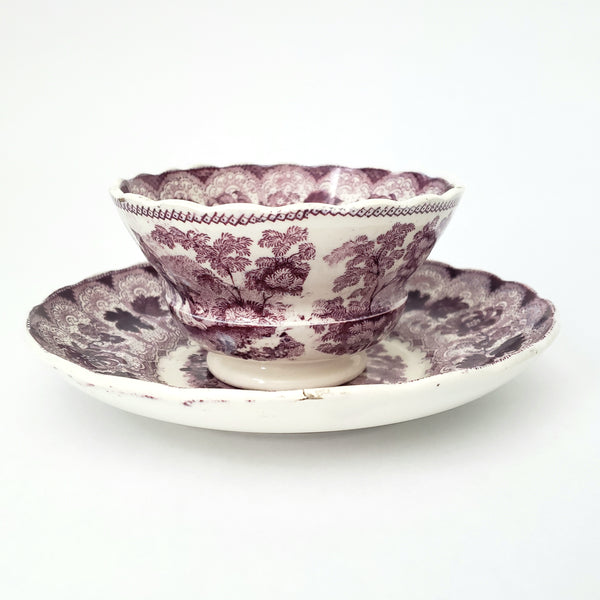 Antique Purple Transferware Handleless Cup & Saucer "The Pet" by Adams England