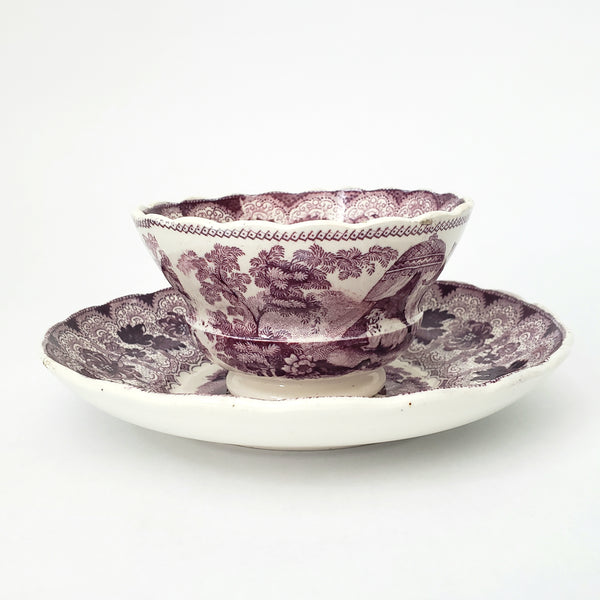 Antique Purple Transferware Handleless Cup & Saucer "The Pet" by Adams England
