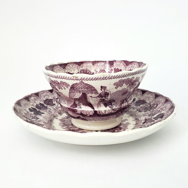 Antique Purple Transferware Handleless Cup & Saucer "The Pet" by Adams England