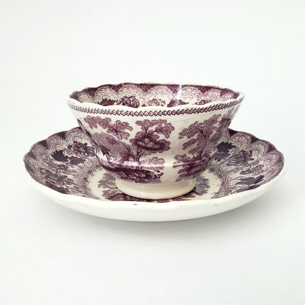 Antique Purple Transferware Handleless Cup & Saucer "The Pet" by Adams England