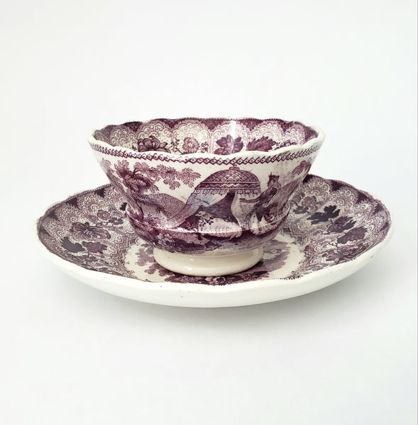 Antique Purple Transferware Handleless Cup & Saucer "The Pet" by Adams England