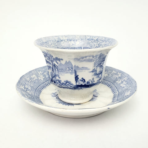 Antique Blue & White Transferware Handleless Cup & Saucer "Vintage" J & G Alcock England
