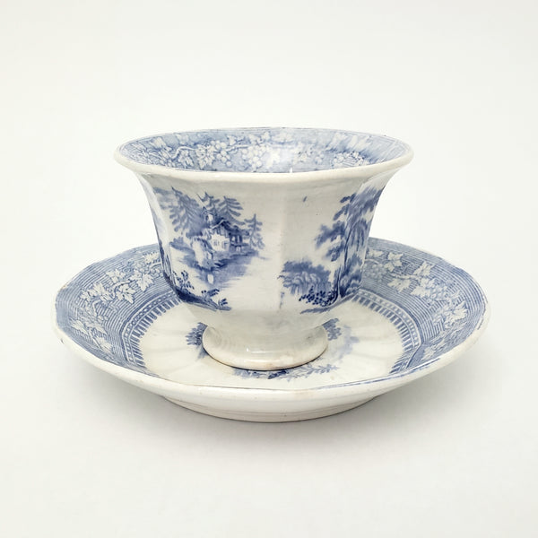 Antique Blue & White Transferware Handleless Cup & Saucer "Vintage" J & G Alcock England