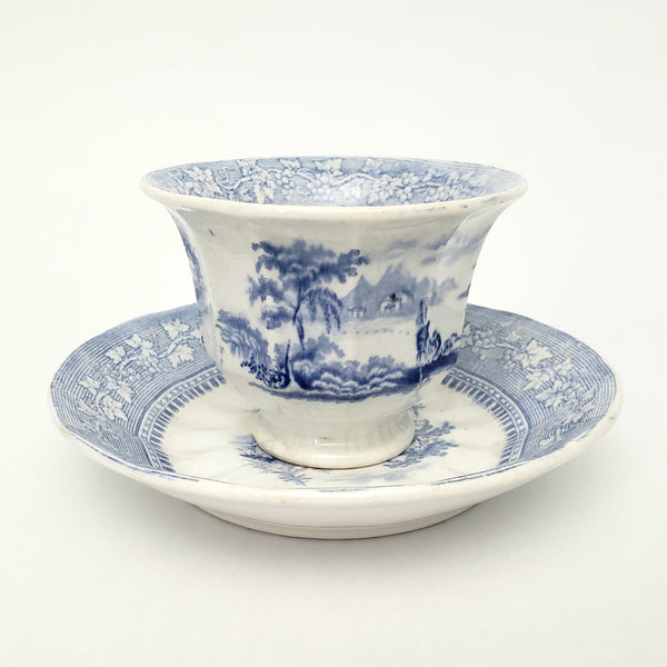 Antique Blue & White Transferware Handleless Cup & Saucer "Vintage" J & G Alcock England