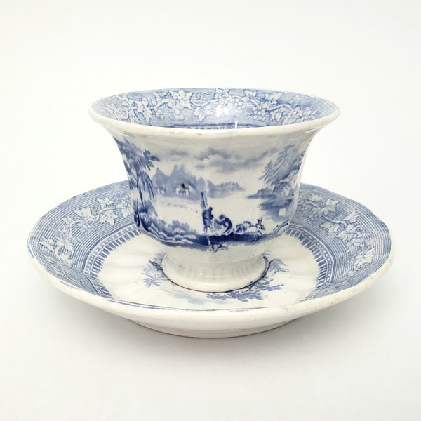 Antique Blue & White Transferware Handleless Cup & Saucer "Vintage" J & G Alcock England