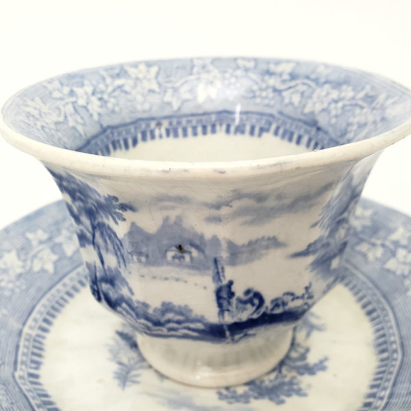 Antique Blue & White Transferware Handleless Cup & Saucer "Vintage" J & G Alcock England