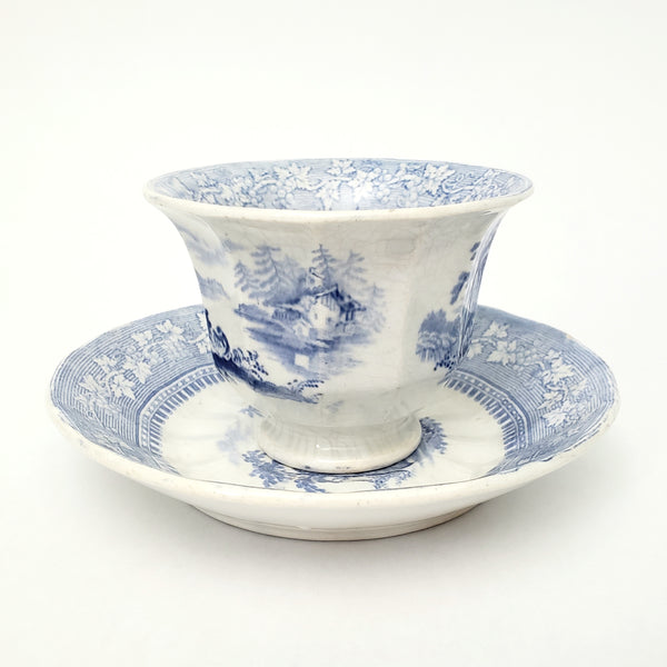 Antique Blue & White Transferware Handleless Cup & Saucer "Vintage" J & G Alcock England