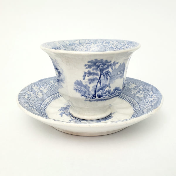 Antique Blue & White Transferware Handleless Cup & Saucer "Vintage" J & G Alcock England