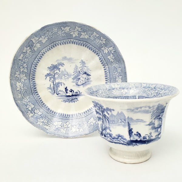 Antique Blue & White Transferware Handleless Cup & Saucer "Vintage" J & G Alcock England