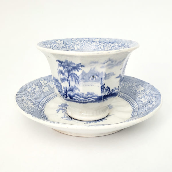 Antique Blue & White Transferware Handleless Cup & Saucer "Vintage" J & G Alcock England