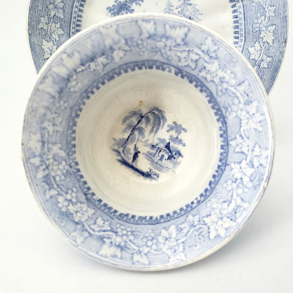 Antique Blue & White Transferware Handleless Cup & Saucer "Vintage" J & G Alcock England