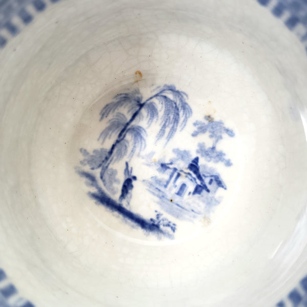 Antique Blue & White Transferware Handleless Cup & Saucer "Vintage" J & G Alcock England