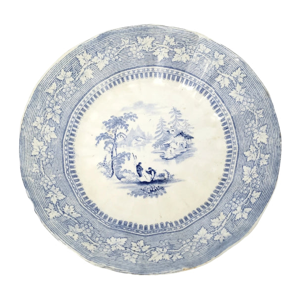 Antique Blue & White Transferware Handleless Cup & Saucer "Vintage" J & G Alcock England