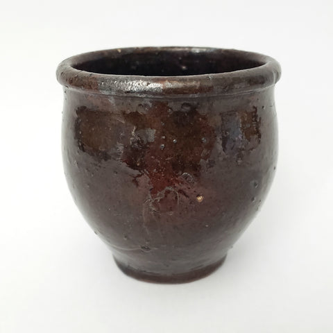Antique Hand Thrown Small Glazed Redware Crock Dark Brown 
