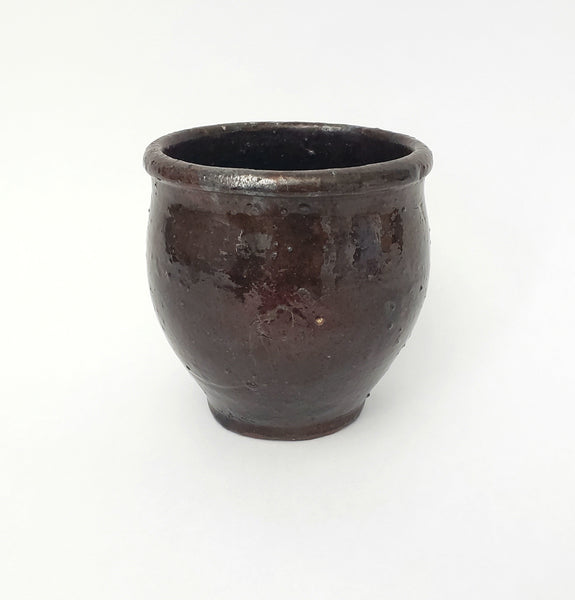 Antique Hand Thrown Small Glazed Redware Crock Dark Brown