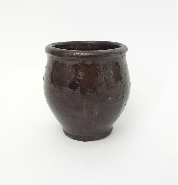 Antique Hand Thrown Small Glazed Redware Crock Dark Brown