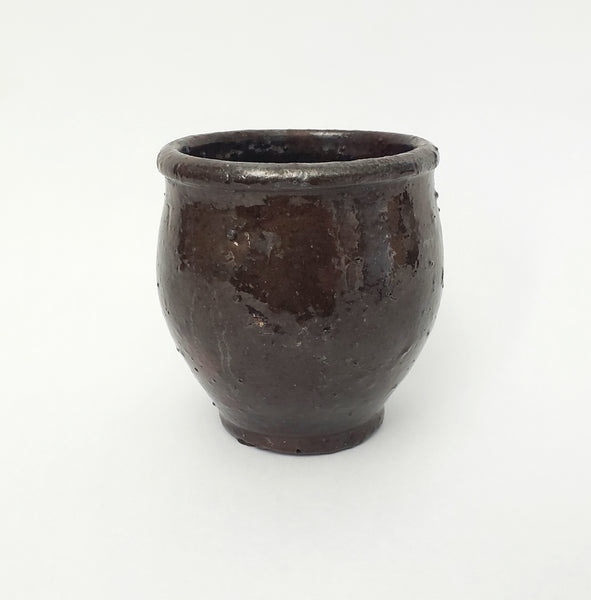 Antique Hand Thrown Small Glazed Redware Crock Dark Brown