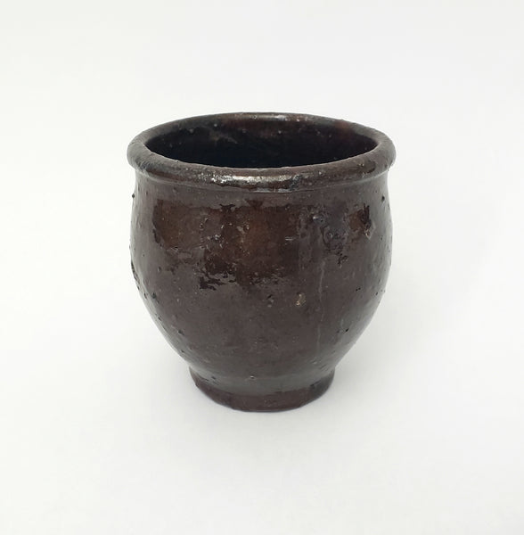 Antique Hand Thrown Small Glazed Redware Crock Dark Brown