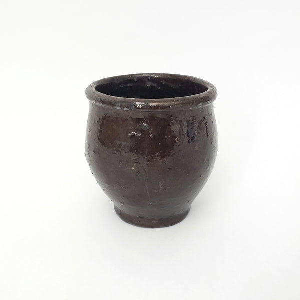 Antique Hand Thrown Small Glazed Redware Crock Dark Brown