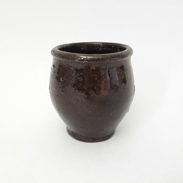 Antique Hand Thrown Small Glazed Redware Crock Dark Brown