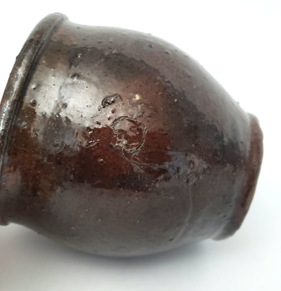 Antique Hand Thrown Small Glazed Redware Crock Dark Brown