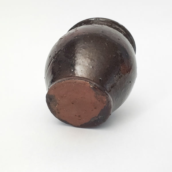 Antique Hand Thrown Small Glazed Redware Crock Dark Brown