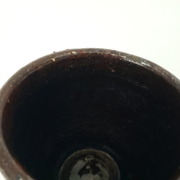 Antique Hand Thrown Small Glazed Redware Crock Dark Brown