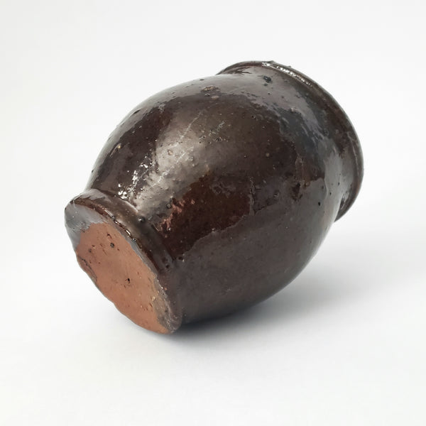 Antique Hand Thrown Small Glazed Redware Crock Dark Brown