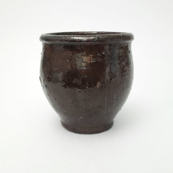 Antique Hand Thrown Small Glazed Redware Crock Dark Brown